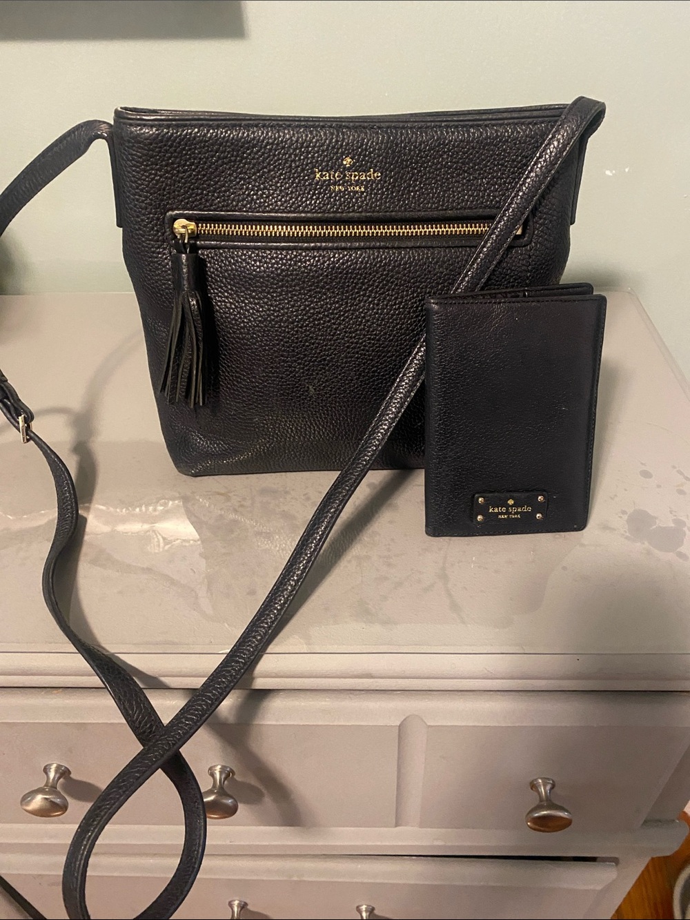 kate spade Black Pebbled Leather Crossbody with Tassel and Card Holder